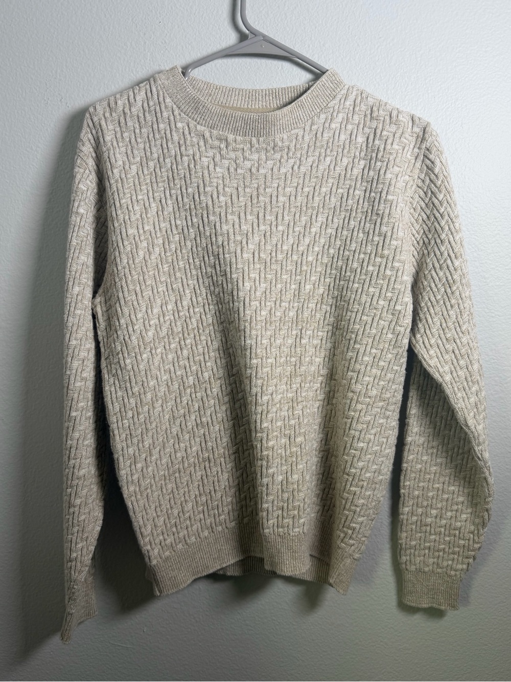 Oscar de la Renta Cream 90s Vintage Basketweave Textured Knit Sweater Cotton